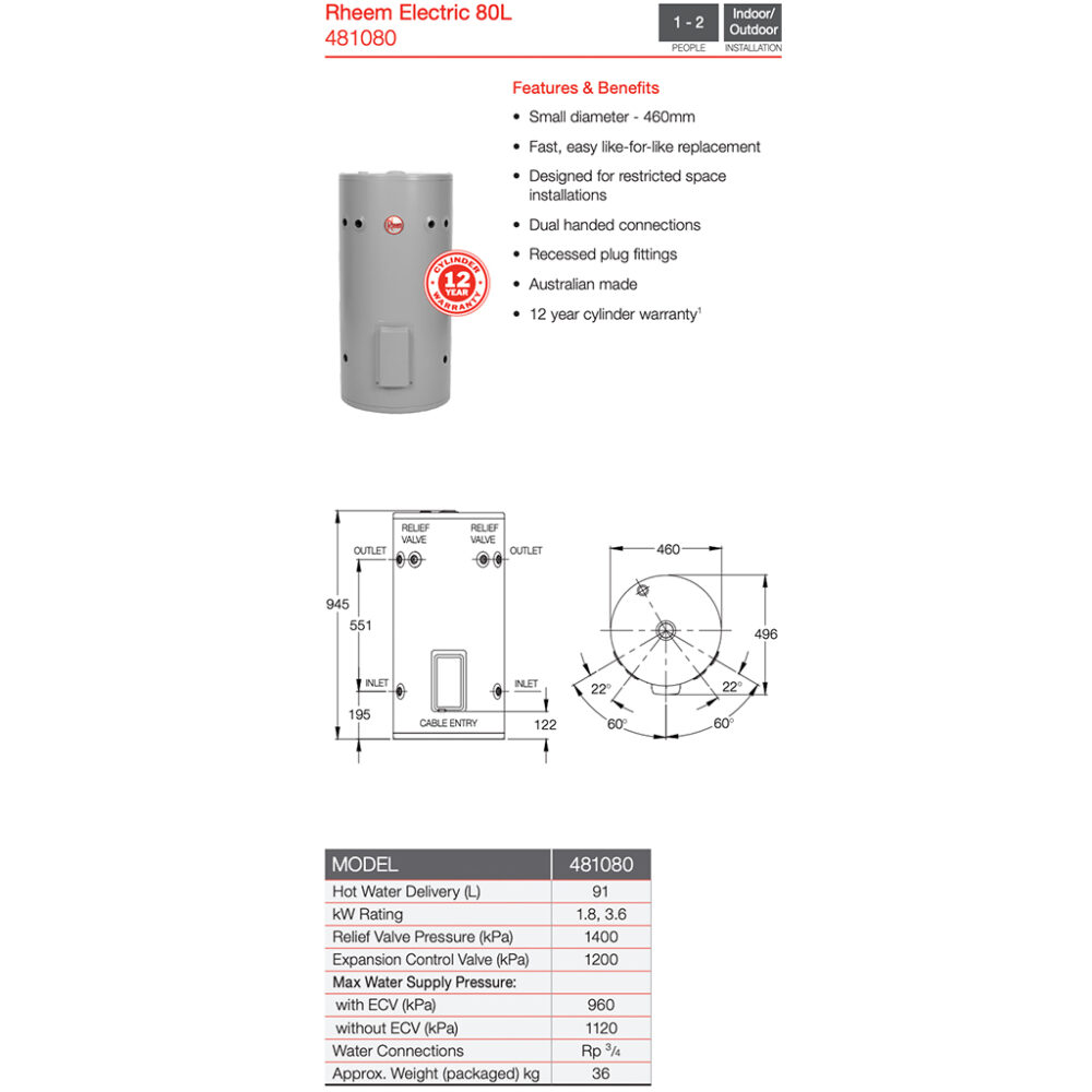 Rheem 481080 80 Litre Electric Storage Hot Water System specs