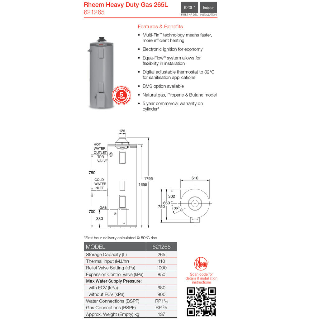 Rheem 621265NO 265 Litre Indoor 1st Choice Hot Water