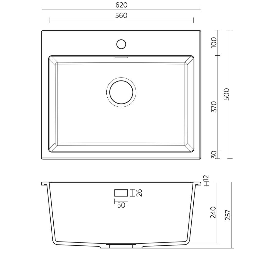 SEIMA Oros 620 Single Bowl Arqstone Sink Dimensions