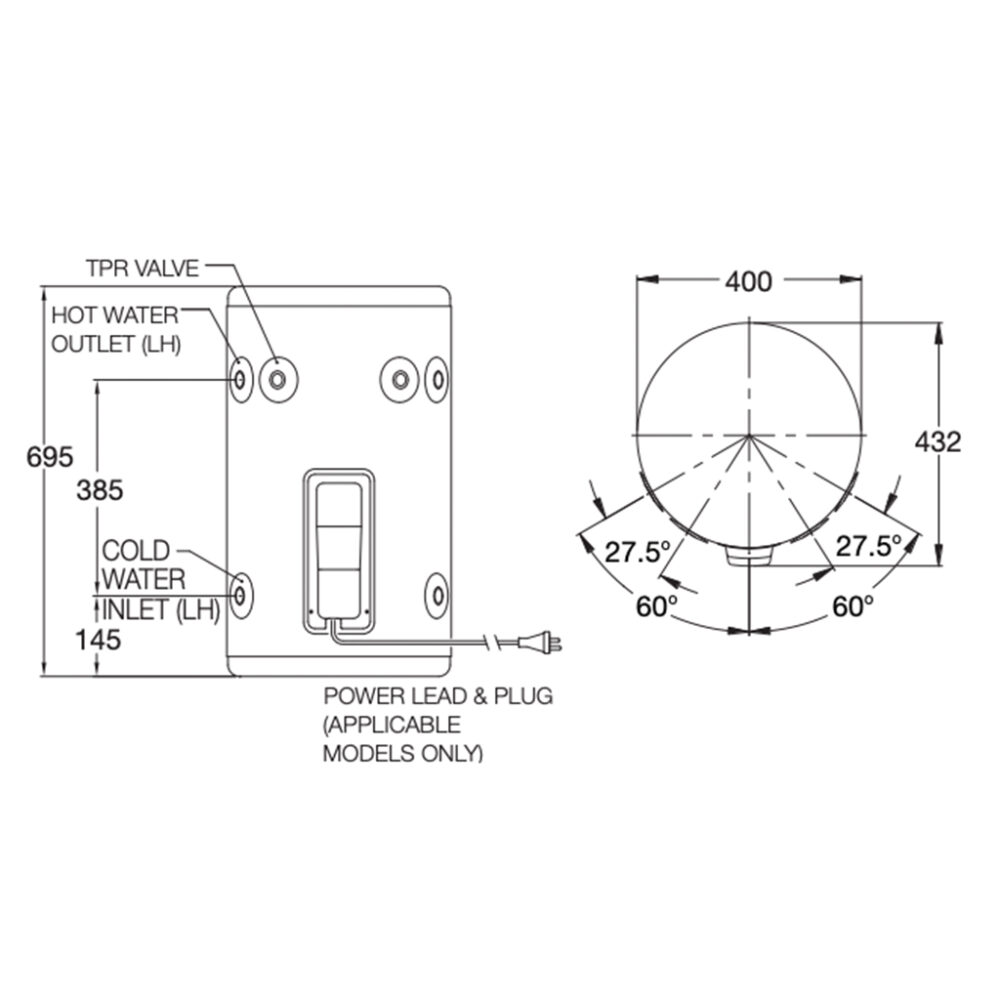 RHEEM STELLAR® 50L STAINLESS STEEL ELECTRIC (WITH PLUG) Dimensions