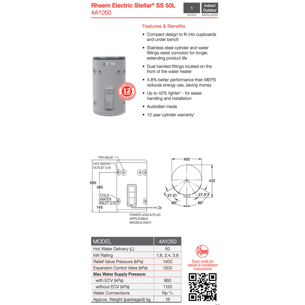 RHEEM STELLAR® 50L STAINLESS STEEL ELECTRIC (WITH PLUG) Plumbers Hand book