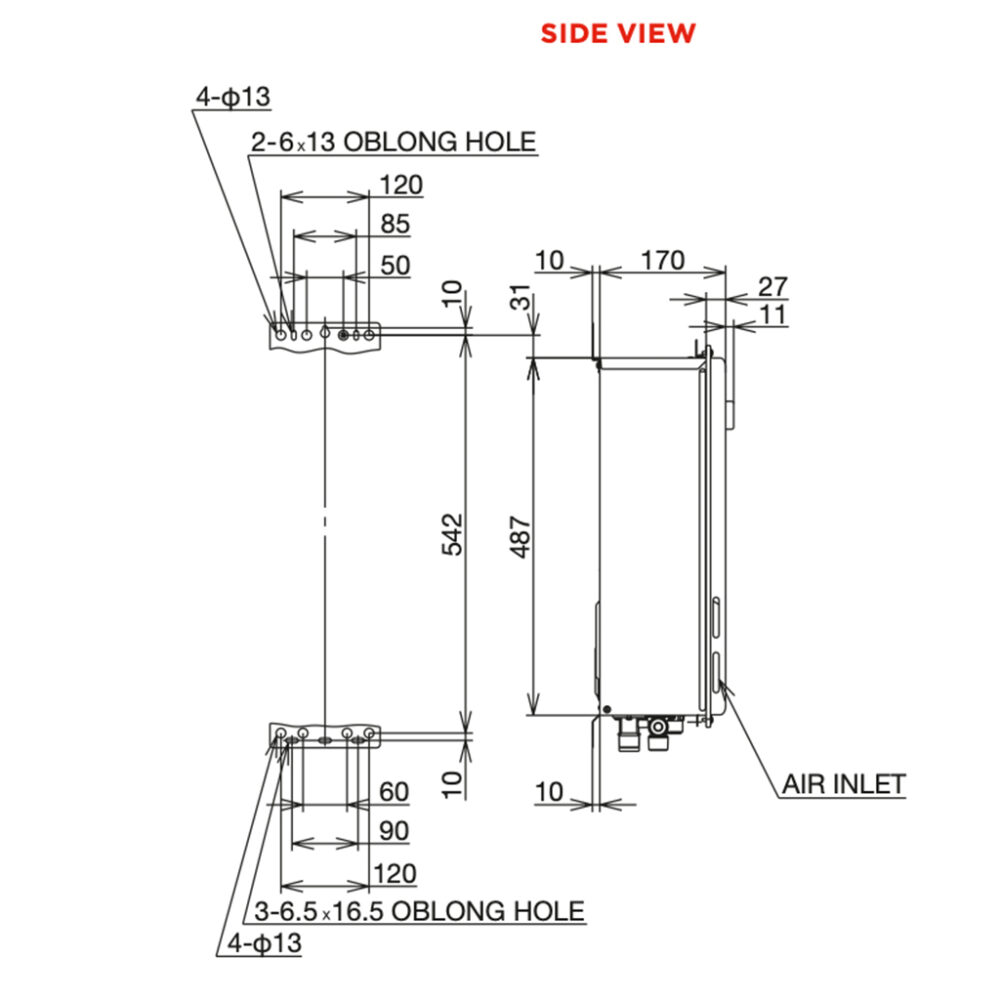 Thermann R Series Continuous Flow Gas 17-21 Litre Side View Dimensions