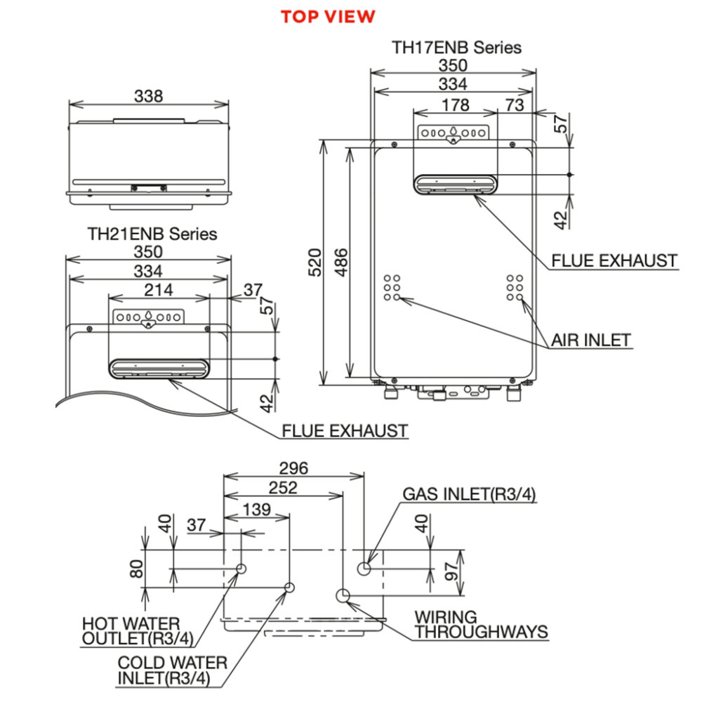 Thermann R Series Continuous Flow Gas 17-21 Litre Top View Dimensions