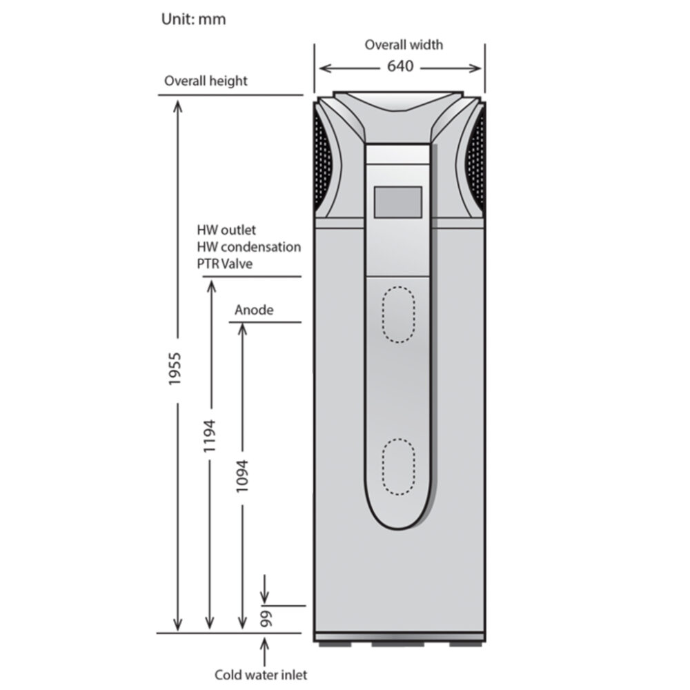 iStore 270L Heat Pump PASHW015-270LD-FL02-R290 Dimensions