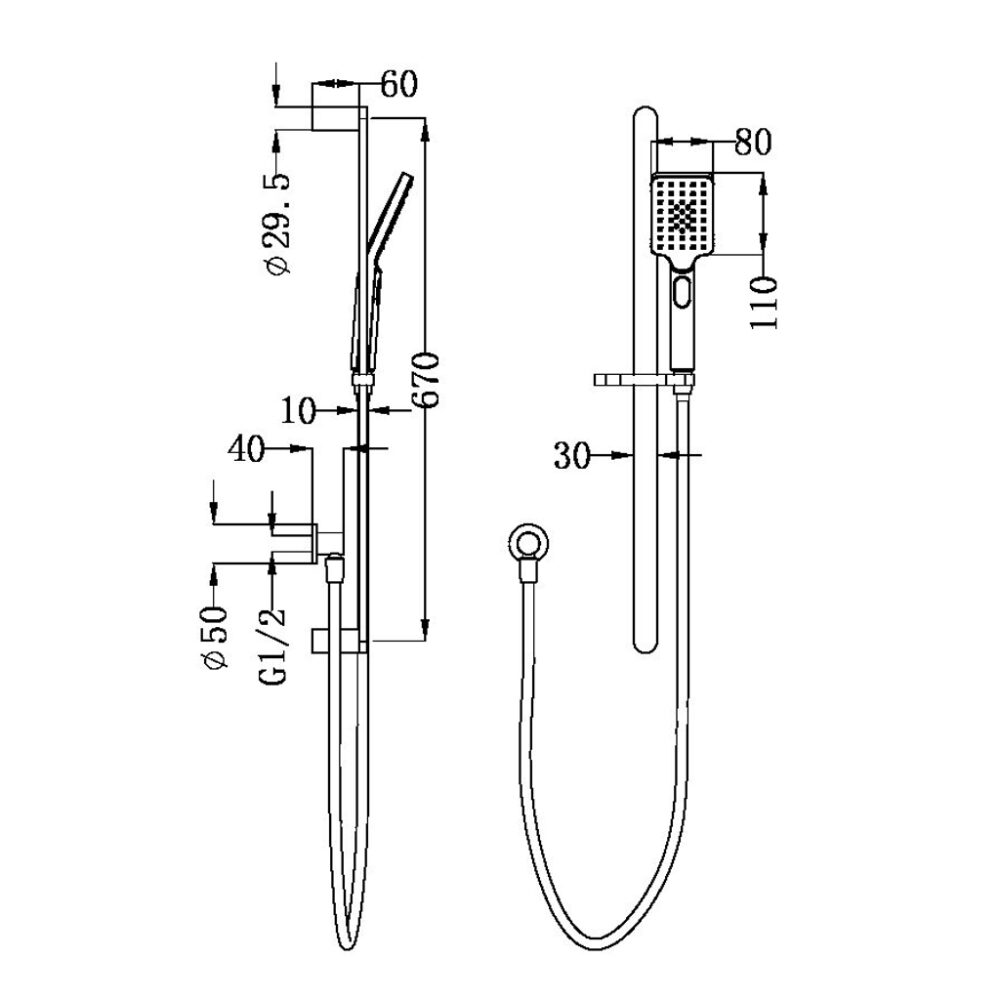 NERO BIANCA SHOWER RAIL NR30803 DImensions